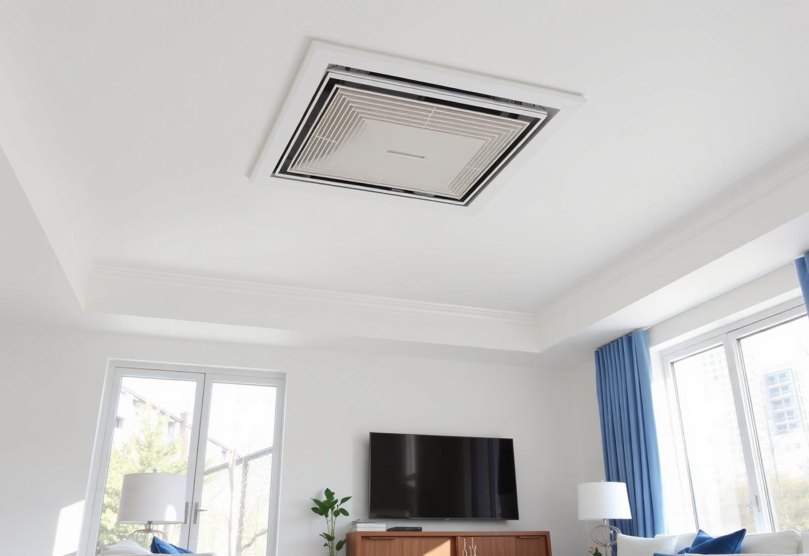 Bright residential living room with a ceiling air register
