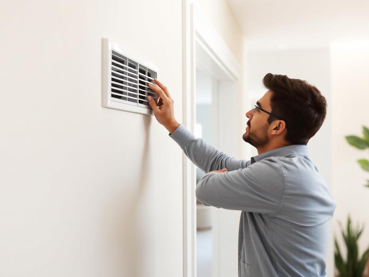 A person inspecting a wall air vent in a home hallway